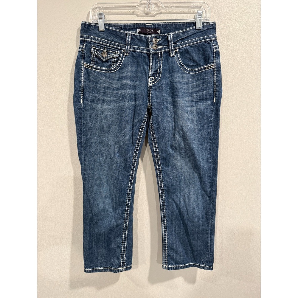Vigoss‎ Fit Capri Jeans Womens 7/29 Blue Denim Straight Leg Embroidered Pockets